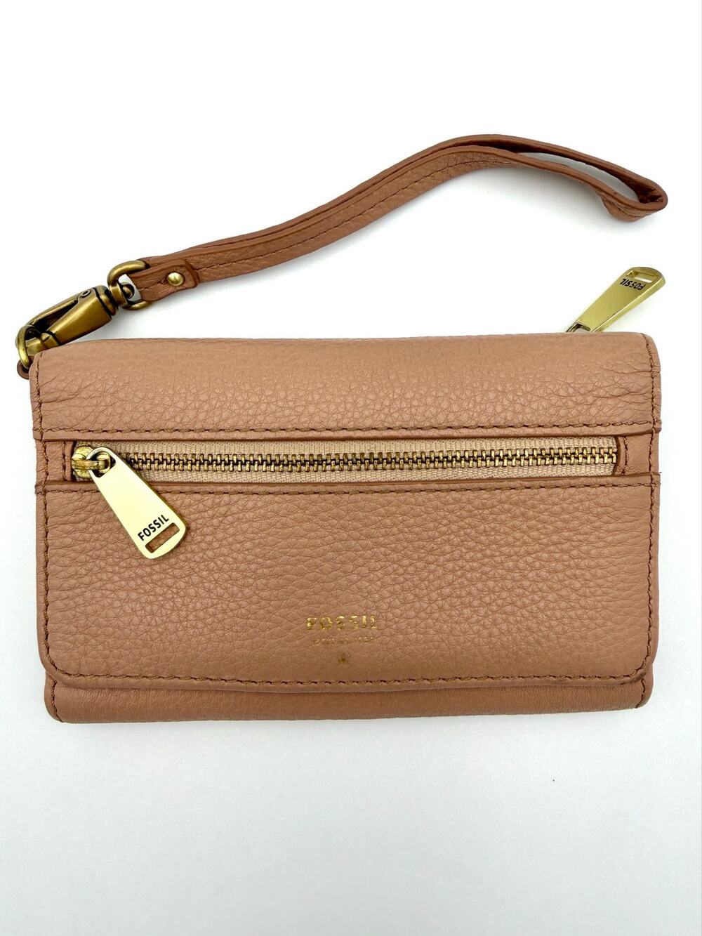 Fossil Leather Wallet Beige Tan Pebbled Leather Wristlet Classic